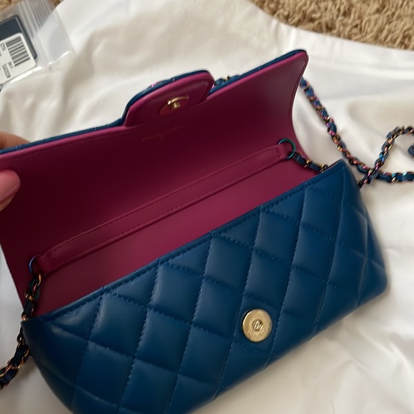Chanel Blue and Pink quilted lamb skin bag with chain rainbow hardware - Picture 2 of 13